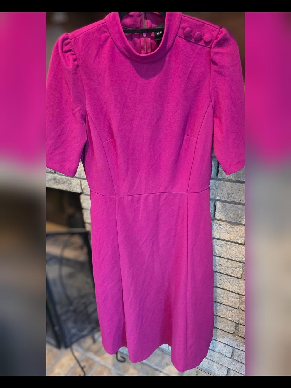Donna Morgan Fuchsia Midi Sheath Dress with Button-Trim Shoulder - Picture 2 of 7